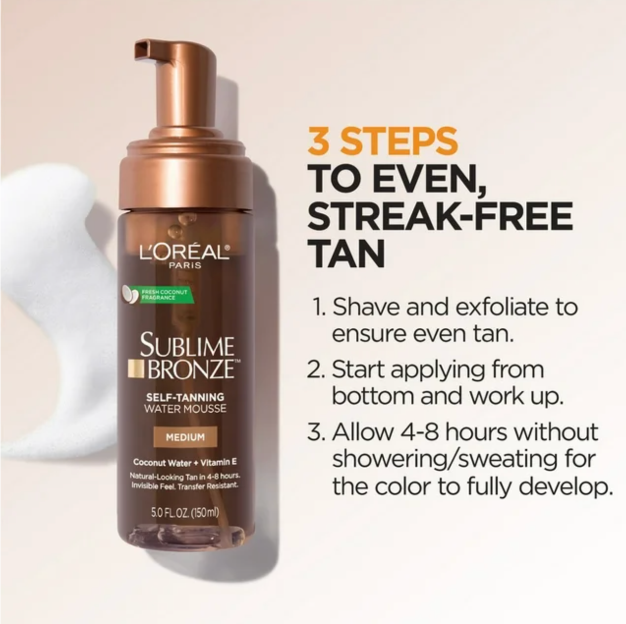 L'Oreal Paris Sublime Bronze Self-Tanning Water Mousse for Face, Medium, 5 fl oz