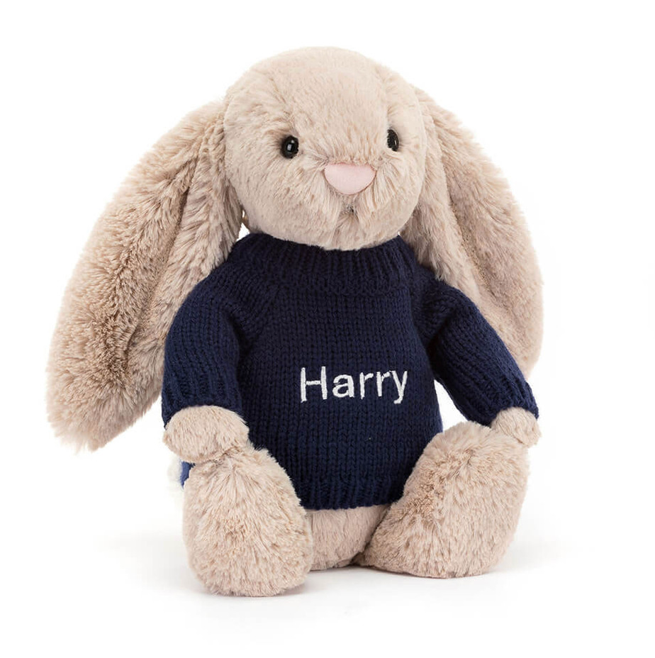 Bashful Beige Bunny with Personalized Navy Jumper