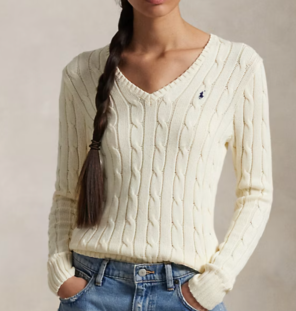 Cable-Knit Cotton V-Neck Sweater