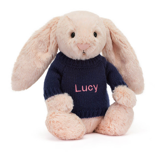 Bashful Blush Bunny with Personalized Navy Jumper