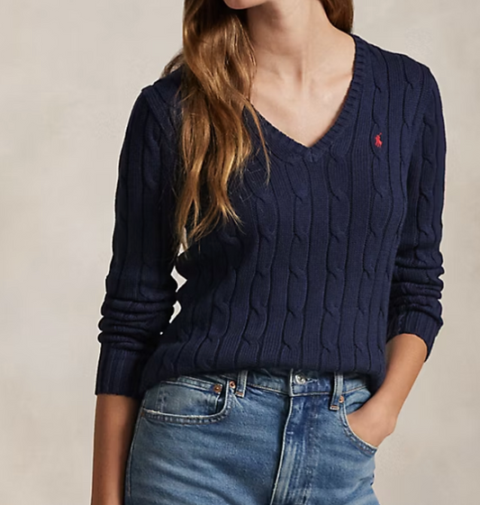 Cable-Knit Cotton V-Neck Sweater